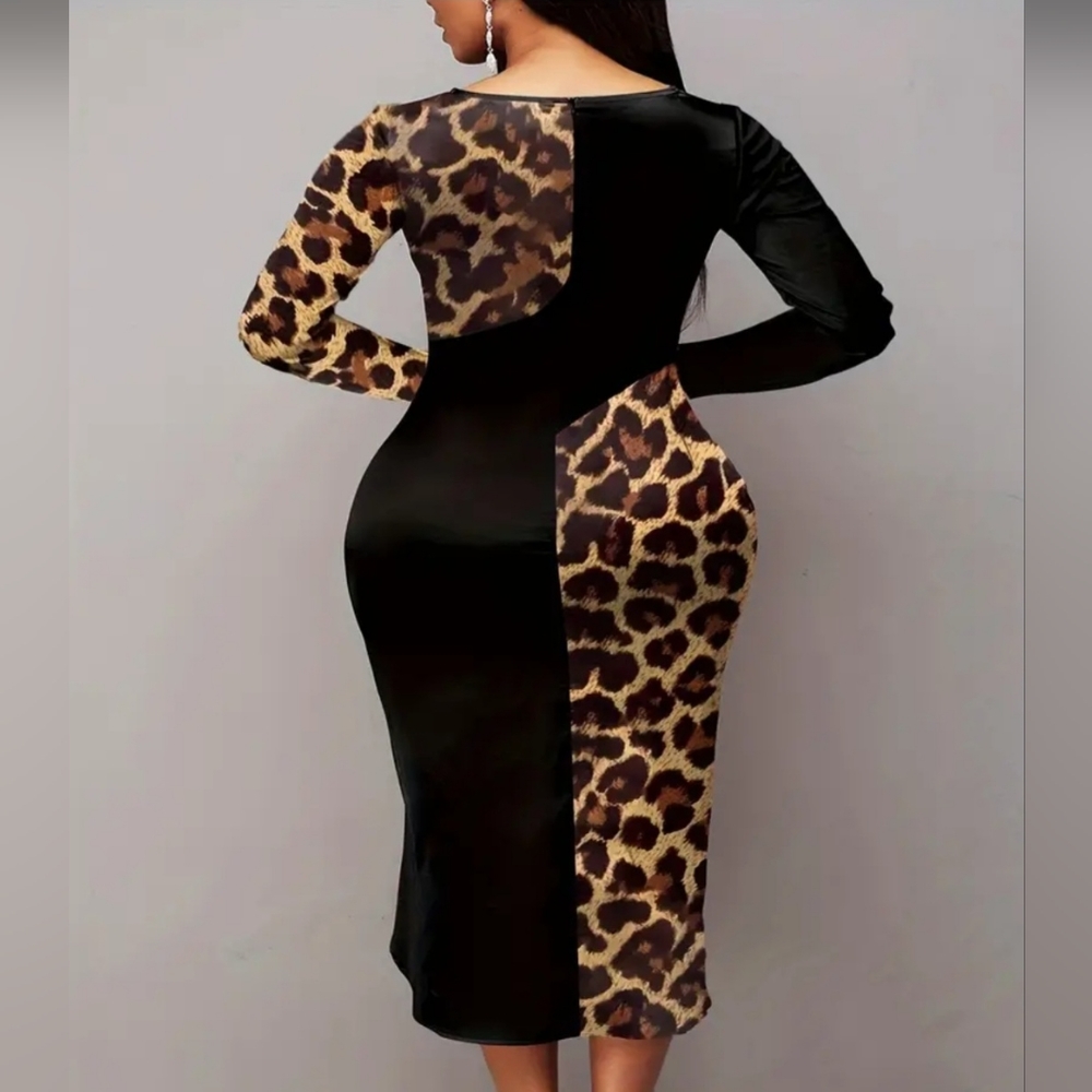 NWOT! Plus Size Elegant Dress,  Colorblock Leopard - Picture 2 of 5